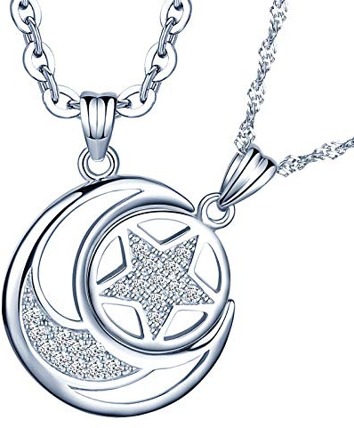 MICSAVI Collar para hombre y mujer, plata de ley 925, colgante de estrella y luna con cadena, Zirconia cúbica Plata esterlina, Circonia cúbica