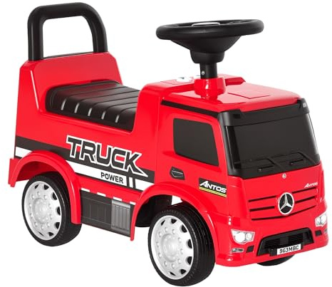 HOMCOM Rutscherfahrzeug Rutscherauto Babyrutscher Kinderfahrzeug lizenziert von Mercedes ANTOS-LKW-Stil mit Licht für Kinder von 12 bis 36 Monaten Metall PP-Kunststoff Rot+Schwarz 62,5x28,5x45cm