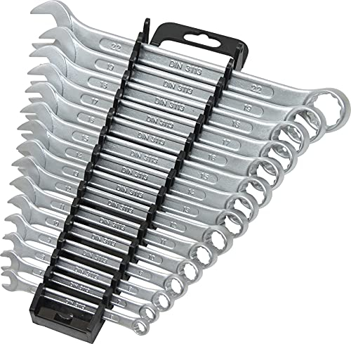 FAMEX 10355-15 Ring Maulschlüssel Set - Gabelringschlüssel Ringmaulschlüssel Schraubenschlüssel Satz - im Werkzeug Halter - 15-tlg. - inkl 15, 16, 18 mm