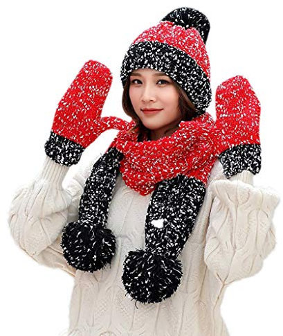 HANXIULIN Set Warme Beanie Strickmütze Strickschal Sets Für Damen Beanie Strickmütze Langer Schal Touchscreen Strickset Beanie Handschuhe Damen Schal Mütze Handschuhe Set
