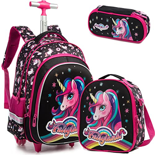 Egchescebo Rucksack Mädchen Schulranzen Trolley Schulrucksack Mädchen Teenager 3PCS 17” Kinder Schultrolley Geeignet für Schule Reise Essensbeutel und Federmäppchen Schwarzes Einhorn Rollenrucksack