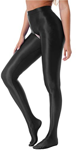 Alvivi Damstrumpbyxor glans leggings snäva ouvert byxor långa underkläder underkläder sexiga underkläder sovbyxor, svart, M
