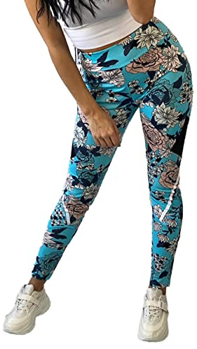 Leggings de Sport Femme Ultra Extensibles Pantalon de Fitness Slim Pantalon de Yoga Treggings Taille élastique avec Impression Florale, Couleurs:Bleu, Taille:XL-XXL