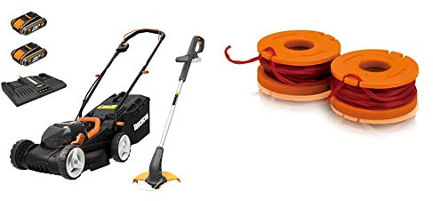 WORX WG927E Dual 20V Battery 34cm Cordless Lawn Mower & 18V Cordless Grass Trimmer with Worx Spool & Line Set of 2, wa0004.1