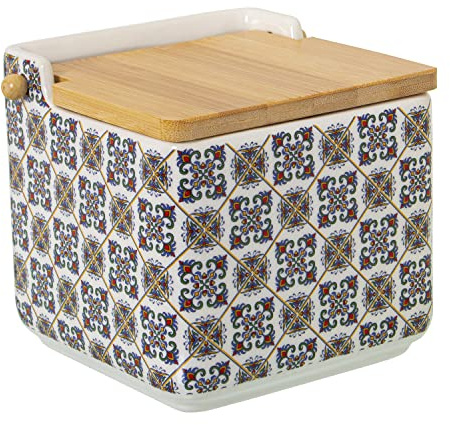 DRW Salero de cerámica con Tapa de Madera y cuadraditos 12x12x12cm, Multi, estandar