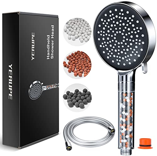 YEAUPE Shower Head and Hose with Filter - High Pressure Shower Head with 1.5M Hose Powerful Flow Showerheads for Low Pressure Hard Water Filter Shower Hose and Head Water Saving Shower Head 6 Modes