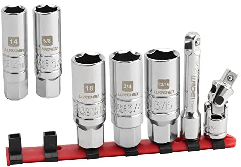 LLNDEI 3/8-inch Drive Spark Plug Sockets Set 7-Piece,SAE(5/8, 3/4, 13/16)&Metric(14mm,18mm),with Extension Bar & Universal Joint,CR-V Steel Rubber Retaining Ring Spark Plug Tools for Auto Repairing