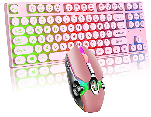 Mechanisches Gefühl, Gaming-Tastatur und Maus, Kombination mit 87 Tasten, Retro-Punk-Schreibmaschine, kühles Atmen, leichte Gaming-Maus für Spiel und Büro (rosa Set)