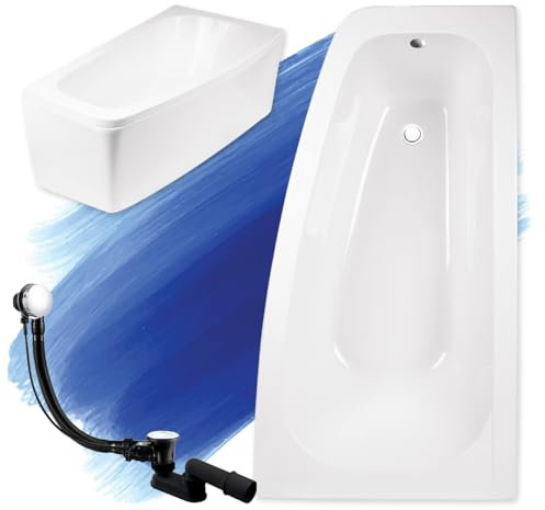 BADLAND Badewanne Original Weiß Acryl Wanne Eckbadewanne LUNA 150x80 Rechts KOMPLETTSET SET mit Weiß Acrylschürze + Füßen und Exklusive Chrom Automatik Ablaufgarnitur Made in EU 4in1