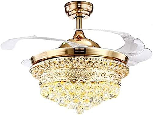 ZXCAQD 42 Crystal Invisible Chandelier Ceiling Fan - Modern Home Indoor LED Lamp, 4 Retractable Blades 3 Speed 3 Colors with Remote Control, 36W(Gold)