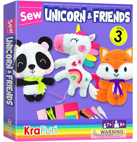 KRAFUN Unicorn Beginner Animal Sewing Kit for Kids Age 7-13 My First Art & Craft, Includes 3 Stuffed Animal Dolls Panda, Fox, Instructions & Plush Felt Materials for Learn to Sew, Embroidery