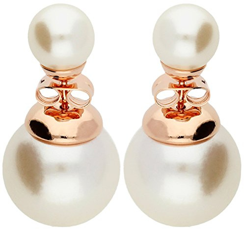 LÖB Damen Ohrringe Rosegold Vergoldet Perlenohrringe Doppel Ohrstecker Set Front Back mit Perlen Kugeln Rose Gold Weiß Perlenohrstecker Brautschmuck
