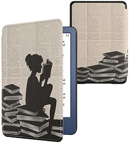 kwmobile Schutzhülle für Amazon Kindle (2022/2024) Hülle - eReader Flip Case mit Auto Sleep Funktion - Lesende Frau mit Schwarz Beige