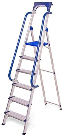 HOSTRÖM Escabeau 6 marches Secure Pro, Aluminium renforcé, sécurisé avec rampes, Tablette Porte-Outils, Hauteur Plateforme 135cm, Charge 150kg