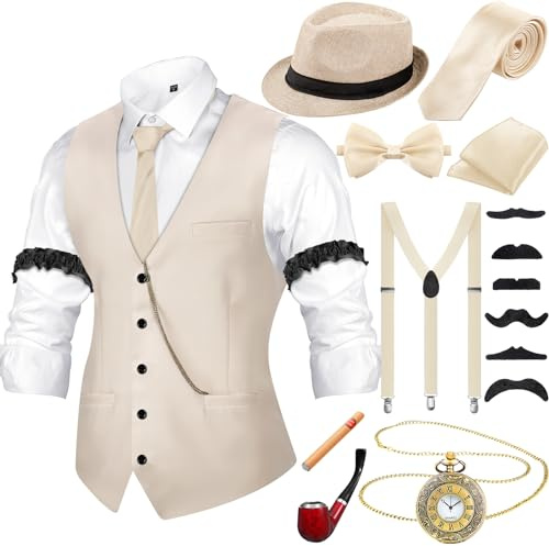 Hestya 20er Jahre Herren Accessoires mit Weste Fedora Hut Taschenuhr Fliege Krawatte Hosenträger und Requisit (Beige, M)