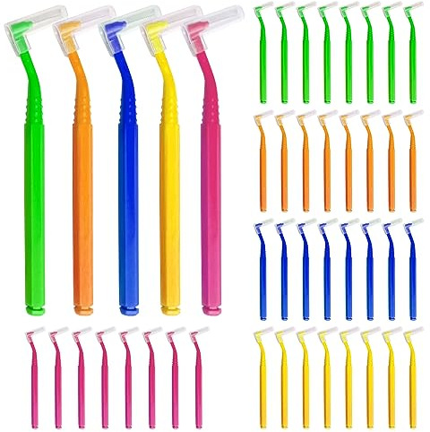 SKHAOVS 40 Stück Interdentalbürsten,Push Pull Interdentalbürste,L-Förmige Zahnzwischenraumbürsten,Zahnzwischenraumreiniger Bürste mit rutschfestem Griff,Mundpflege (5 Farben)