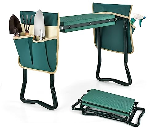 KOMFOTTEU 2 en 1 Banco de Rodilla Plegable, Taburete Arrodillado para Jardinería con Cojín Grueso, Taburete de Trabajo para Arrodillarse y Sentarse, Carga 150 kg (con 2 Bolsa de Herramientas)