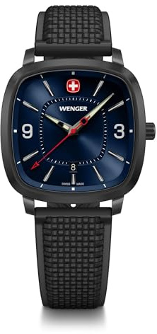 WENGER Herren Armbanduhr Vintage Sport Ø 37 mm, Swiss Made, Analog Quarz, Wasserdicht bis 50 m, Silikon-Armband, Blau/Schwarz, 01.1921.112