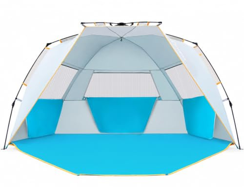 Wolfwise Strandmuschel mit Schnellaufbau für 6-7 Personen – UV-Schutz 50+, Wasserabweisend, Privater Raum & Mesh-Fenstern für Camping, 280×145x145cm(110 x57x57 IN), Blau | Popup-Sonnenschutz mit UPF 50+ Schutz, keine Montage, Pop-Up-Halb-Sonnenschutz, windabweisend, Familiengröße 284,4 x 144,8 cm
