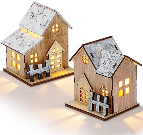 Luxshiny 2 Pièces Lumières de Noël en Bois décor de Village de Noël éclairé Maison éclairée par LED de noël Christmas Lights Guirlande Electrique décoration de Table décors de Noël créatifs