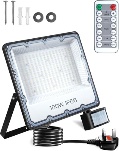 DoRight 100W Security Lights Outdoor Motion Sensor, 10000LM Super Bright IP66 Waterproof PIR LED Floodlight with Remote Control, 2M Wire UK Plug Security Lamp 6500K for Garden Yard Garage Doorway