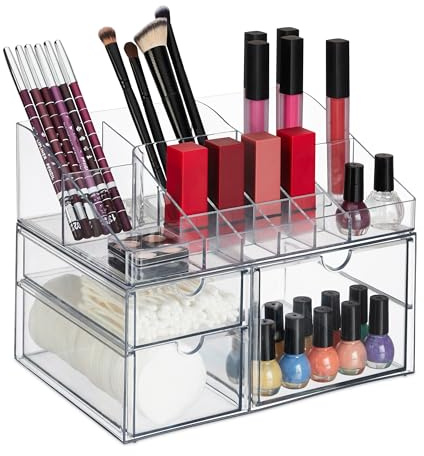 Relaxdays Make Up Organizer, 14 Fächer & 3 Schubladen, Nagellack, Lippenstfit, Kunststoff, Schminkorganizer, transparent, PET, 18 x 25,5 x 17,5 cm