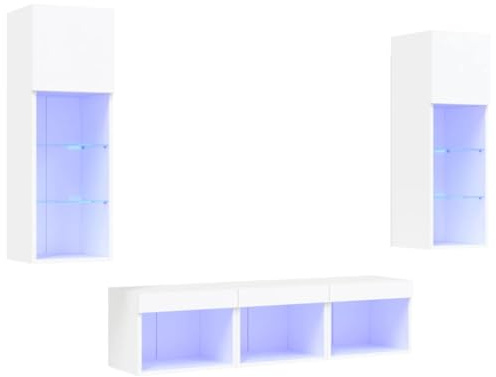 vidaXL Wohnwand 5-TLG., Schrankwand mit viel Stauraum, Anbauwand mit LED-Beleuchtung, Wandmontage Fernsehschrank Wohnzimmer Set Schrank, Weiß Holzwerkstoff
