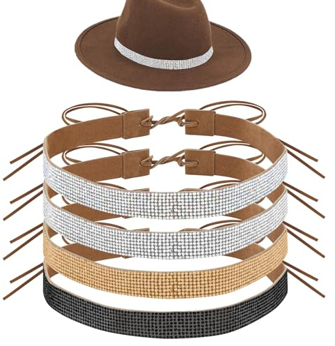 Adorila Cowboyhut-Bänder mit glitzernden Strasssteinen, verstellbarer Cowgirl-Hutgürtel, Cowboyhut, Schmuck für Damen und Herren, 4 Stück