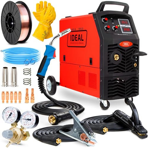 Ideal Tecno MIG 255/2 - 230V 400V Maquina de soldar de hilo sin gas y con gas de 250 A con chasis – con MMA, inductividad - Soldador estaño con alimentador de alambre de 4 rodillos - Set Basic