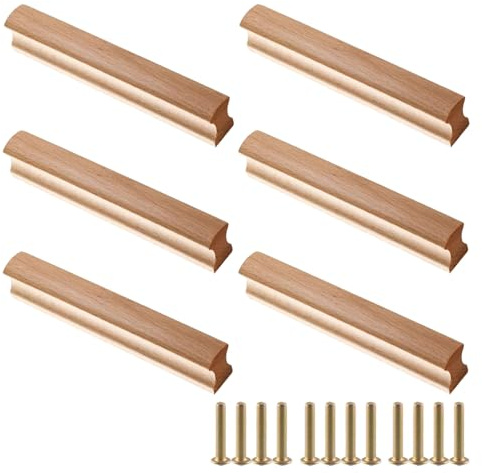 GANILITY 6 Stück Möbelgriffe Holz, Schrankgriffe Holz mit Schrauben, Schublade Zieht, Massivholz-Küchenschrank mit Griffen, Lochabstand 160 mm, für Schränke, Bäder, Büros und Küchen