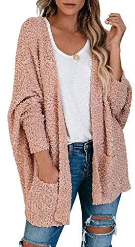 Women Long Sleeves Cable Knitted Cardigan Sweater Open Front Knit Jumpers Loose Fit Chunky Knit Cardigan Coat Plus Size Top Wear with Pockets Solid Color Cropped Cardigan (Pink, S)