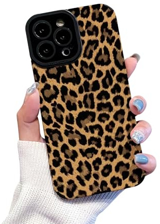Reownest Handyhülle Kompatibel mit iPhone 13 Pro Hülle mit Cute Fashion Brown Leopard Muster Leder Simple Case für Frauen Mädchen Weiche Silikon Schutzhülle - Schwarz