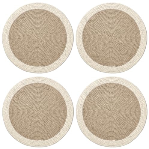 Encasa XO Esszimmer - Tischsets Set aus 4 | Runde Baumwoll-Platzsets - 33 cm Durchmesser | Beige & Cremeweiß | Handgefertigter Rippstil