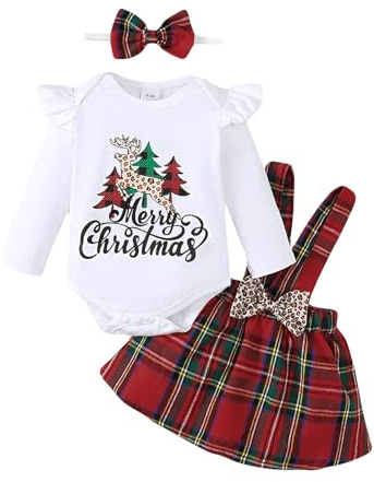 UUAISSO Vestiti di Natale per Neonata Tutina a Maniche Lunghe con Bretelle e Gonna Scozzese Set Vestito per Neonata Bianco 6-12 mesi