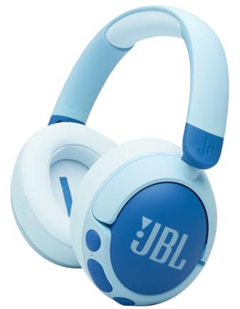 JBL Junior 470 NC, Kabellose Over-Ear Bluetooth-Kopfhörer mit Active-Noise-Cancelling für Kinder, Mikrofon, 50 h Wiedergabe, JBL Safe Sound, geringer Lautstärke, simpler Bedienung und Stickern, Blau