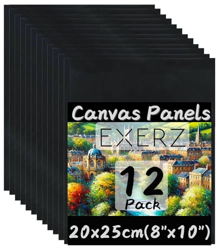 Exerz Schwarze Leinwand 20x25cm, 12er-Set Malkarton, Künstler-Leinwände aus 100% Baumwolle, 280 g/m², 0,3cm Dick, Blanko, Dreifach Grundiert, Säurefrei, Mittlere Körnung