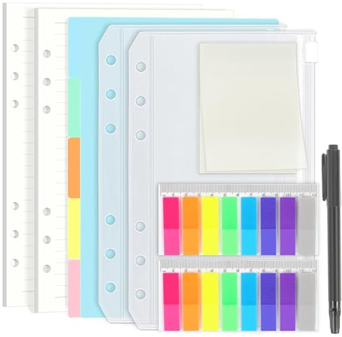 SKYDUE Ringbuch A5 Nachfüllbar Set – Inklusive 90 Blatt A5 Papier Liniert Nachfüllpapier (180 Seiten), 5 Trennblätter A5 Aus PP, Bunte Haftnotizen & 2 A5 Umschläge