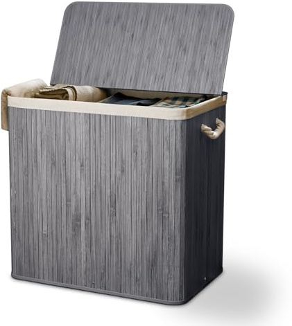 Juskys Bambus Wäschekorb Curly Grau 150L - Hygienischer Wäschekorb mit Deckel, Tragegriff & Wäschesack - 3 Fächer - Natürliche Bambus Optik