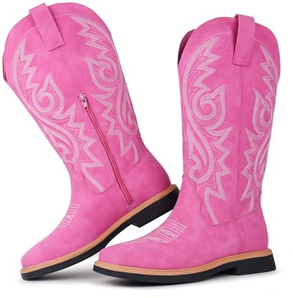 Hawkwell Botines de vaquero para mujer, con puntera cuadrada, cremallera lateral, bordadas, tacón bajo, botas de estilo occidental de media pantorrilla