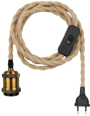 Mkichi Kit di Lampade In Corda di Canapa Corda di Canapa Cavo per lampada in stile retrò,Portalampada E27 con Interruttore Spina DIY Kit di Lampade in Corda di Canapa (Bronzo 2M)
