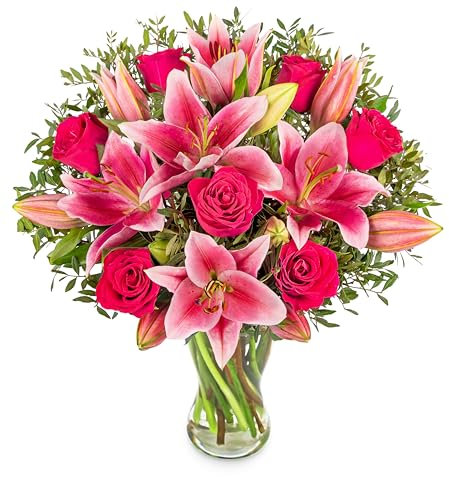 Flowers with Vase - Rose and Lily - Fresh Flowers - Birthday, Anniversary, Get Well, Thank You, Occasion Flower - Cut Floral Arrangement for Gifts, Weddings, Sympathy, Celebrations (Large With Vase)