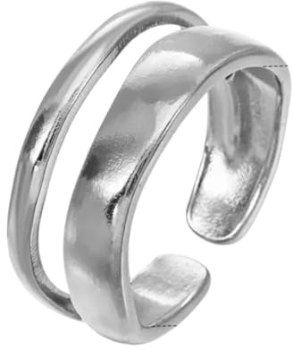 Positiva Jewelry Offener Bandring Damen – Verstellbarer 18K Vergoldeter Edelstahlring, Wasserfest, Hautfreundlich, Doppelring Design, Trendiger Statement Ring als Geschenk für Frauen (Silber)