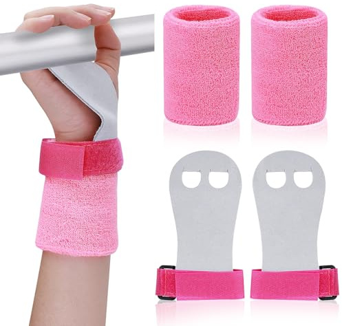 4 Pcs Gymnastics Hand Grips Wristbands Sets, Sports Gymnastics Bar Grips Wristbands with Pink Sweatbands, Palm Protection and Wrist Support Set, for Kids Training Kettlebells Tennis Workout Athletic