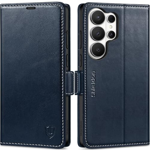 SHIELDON Custodia Vera Pelle per Galaxy S26 Ultra 6,9, Blu Scuro Retrò