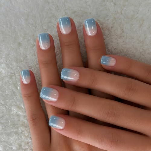 KQueenest Chrome Ombré Blau Press on Nails Kurz Eckig, Glänzend Glitzer Nägel zum Aufkleben Kurz, Glasiert Niedlich Fake Nails mit Sparkle Spiegel Design, French Nails Künstliche Nägel 30 Stück