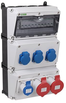 IP65 Waterproof Industrial Socket Distribution Box, 10A/16A/32A/63A Wall-Mounted Distribution Box with Circuit Breaker, 230-400V, Suitable for Outdoor Use On Construction Sites