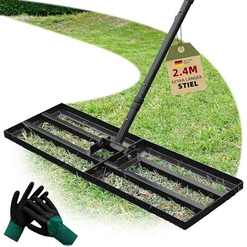 Lemondo Schwerlast Rakel Pro mit verstärktem Stahl-Stiel, Industrieller Bodenebner für anspruchsvolle Garten- & Landschaftsbauarbeiten, Rakel für Rasen, Golfplatz, 4.7kg, 76x25cm, 2m (mit Handschuhen)