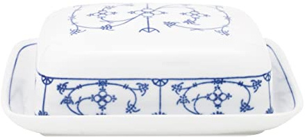 KAHLA 202602A75019H Blau Saks Butterdose eckig | Butterglocke mit Strohmuster aus Porzellan | Petersilienmuster Jägermuster Butterglocke weiß blau