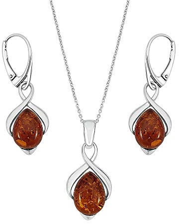 Kiara Jewellery 925 sterlingsilver oändlighetshänge halsband och matchande örhängen set med inläggningar med konjak bärnsten på 45 cm sterling silverkedja, Sterlingsilver, Bärnsten
