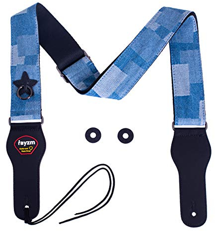 Rayzm Denim Gitarrengurt, Baumwollband für Akustik/Elektrin/BassGitarre mit Plektrum Picks Tasche, Metallschnalle, Schlüsselanhänger, 5cm breit, verstellbare Länge